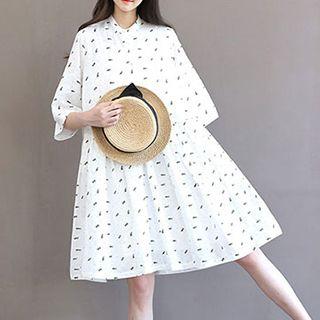 Printed Stand Collar A-line Dress
