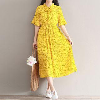 Ruffle-sleeve Tie-neck Floral Chiffon Dress
