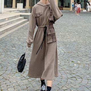 Long-sleeve Plaid Panel Hooded Midi A-line Dress