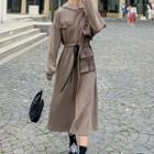 Long-sleeve Plaid Panel Hooded Midi A-line Dress