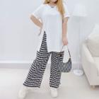 Plus Size Set: Short-sleeve Side-slit T-shirt + Checkered Wide Leg Pants