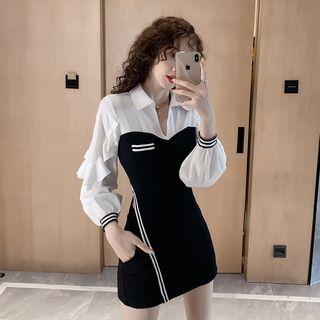 Set: Collared Long-sleeve Striped A-line Mini Dress + Shorts