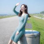 Long-sleeve Button-detail Bodycon Knit Dress