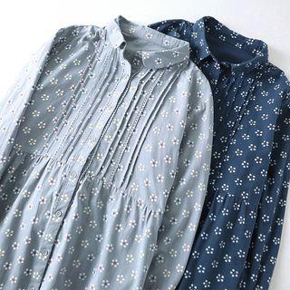 Printed Drawstring Long-sleeve Collared Dress