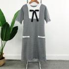 Short-sleeve Bow Accent Frayed Hem Knit Dress