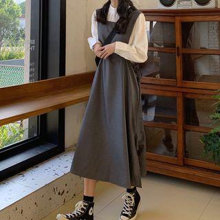 Mock-turtleneck Blouse / Midi A-line Pinafore Dress