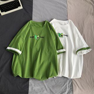 Elbow-sleeve Couple Printed Over-sized T-shirt