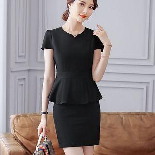 Set: Short-sleeve Peplum Top + Mini Pencil Skirt + Dress Pants