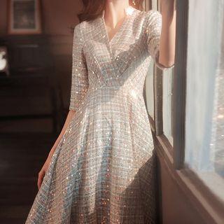 3/4-sleeve Sequin Tweed Midi A-line Dress