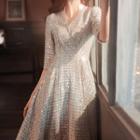 3/4-sleeve Sequin Tweed Midi A-line Dress
