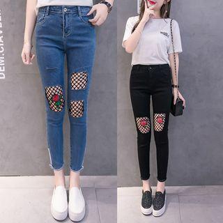 Mesh Panel Cropped Skinny Jeans