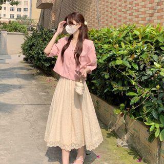 Elbow-sleeve Button-up Blouse / Midi A-line Dress