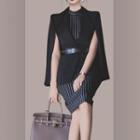 Set: Side-slit Blazer + Sleeveless Striped Mini Sheath Dress