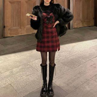 Plaid Mini Pinafore Dress / Faux Fur Jacket