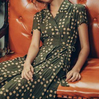 Short-sleeve Doted Chiffon Midi Dress