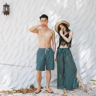 Women Set: Striped Bikini + Crochet Top + Striped Pants / Men Striped Swim Shorts
