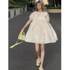 Short-sleeve Bow Accent Mini Smock Dress Light Beige - One Size