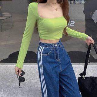 Long-sleeve Scoop-neck Crop Top Green - One Size