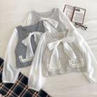 Color-block Plaid Square-neck Lace-up Long-sleeve Blouse