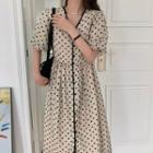 Puff-sleeve Dotted Button-up Midi A-line Dress Milky White - One Size