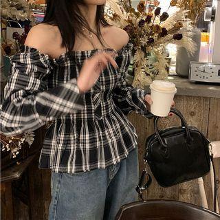 Off-shoulder Plaid Shirt Black - One Size
