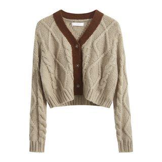 Two-tone Cropped Cardigan Khaki - One Size