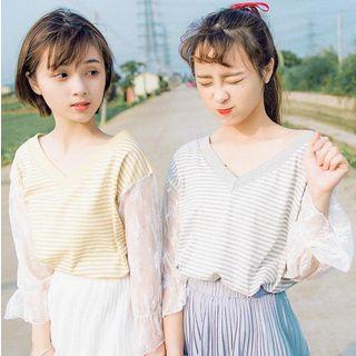 Lace Sleeve Panel Striped Top