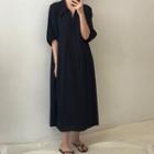 Elbow-sleeve Midi Collared Dress Navy Blue - One Size