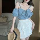 Short-sleeve Cold Shoulder Lace-up Denim Crop Top / Mini Skirt