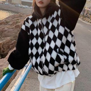 Argyle Hooded Zip-up Fleece Jacket Black & White - One Size