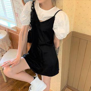 Spaghetti Strap Mini A-line Dress / Puff-sleeve Cropped Blouse
