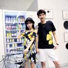 Couple Matching Print T-shirt / Short-sleeve Strapped Floral Dress
