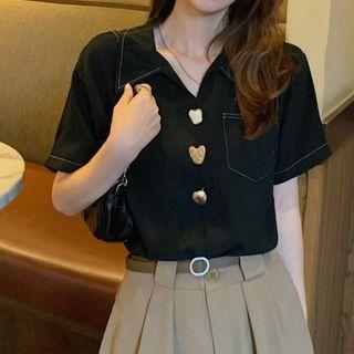 Short Sleeve Button Detail Stitch Shirt Black - One Size