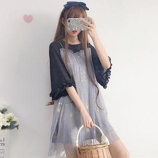 Mock Two-piece Bell-sleeve Mini Mesh Dress As Shown In Figure - One Size