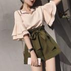 Set: Elbow-sleeve Open Collar Ruffle Trim Blouse + High Waist Wide Leg Shorts