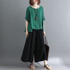 Set: Elbow-sleeve Top + Cropped Wide-leg Pants As Shown In Figure - One Size