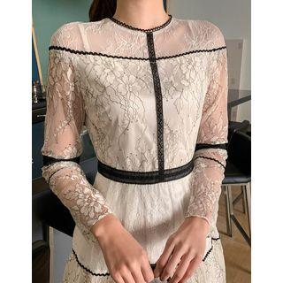 Crochet-trim Flared Long Lace Dress