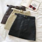 Plain Faux Leather High-waist Skirt With Belt