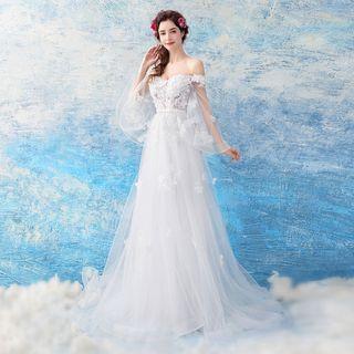 Flower Embellished Bell-sleeve A-line Wedding Gown