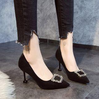 Faux Suede Rhinestone Buckled High-heel Pumps