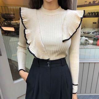Mockneck Ruffled Rib-knit Top