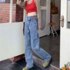 High-waist Straight-cut Distressed Jeans