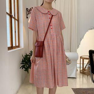 Collared Short-sleeve Gingham Dress