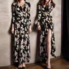 V-neck 3/4-sleeve Maxi A-line Dress