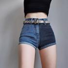 High-waist Washed Color-block Skinny Shorts