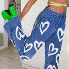 Heart Print High Waist Wide-leg Jeans