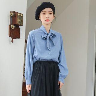 Plain Tie-neck Blouse Blue - One Size