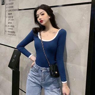 U-neck Contrast Trim Long-sleeve T-shirt