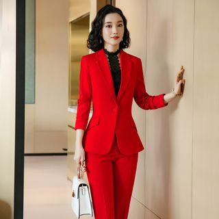 Single-button Blazer / Dress Pants / V-neck Blouse / Set