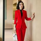 Single-button Blazer / Dress Pants / V-neck Blouse / Set